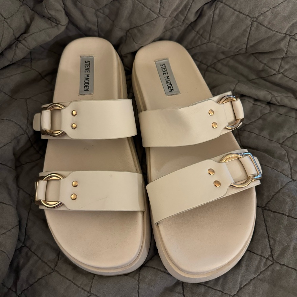 STEVE MADDEN Hanni Dual Buckle Strap Slide Sandals Women’s 10 US Bone Ivory